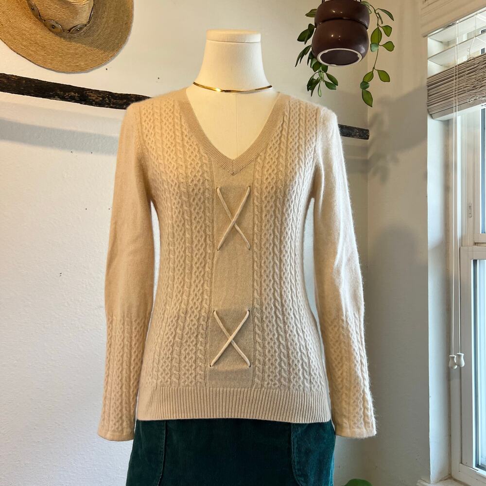Vintage Arcli K 100% Cashmere Cream V Neck Stitched Detail Sweater Size Small